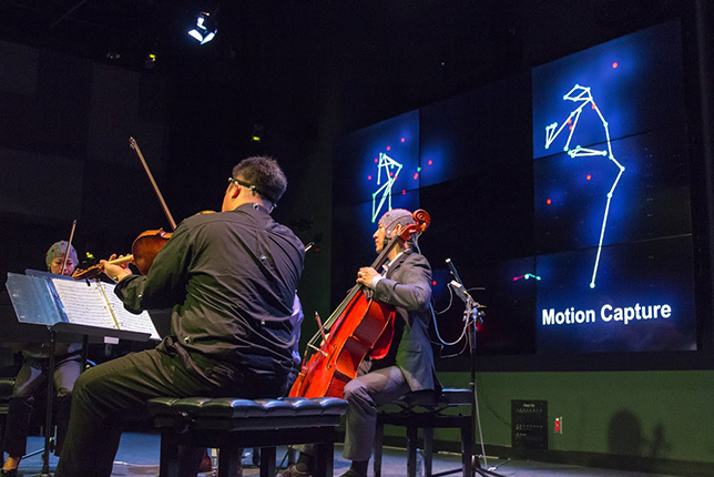 Musicians’ movements and physiological responses are displayed live while they play.