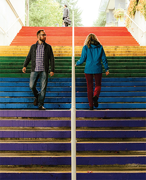 Vancouver Island University offers a fresh take on a historic symbol of LGBTQ pride with a new rainbow-coloured staircase on its Nanaimo campus. Photo by Kamil Bialous.