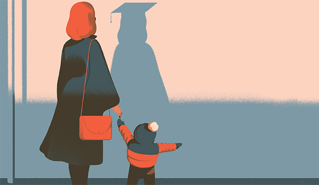 Some women who take an extended break for child-rearing may never return to academia. Illustration by Sébastien Plassard.