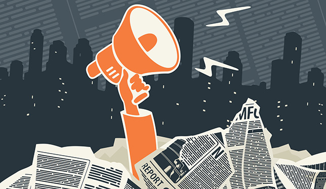 Animated megaphone emerging from stack of papers