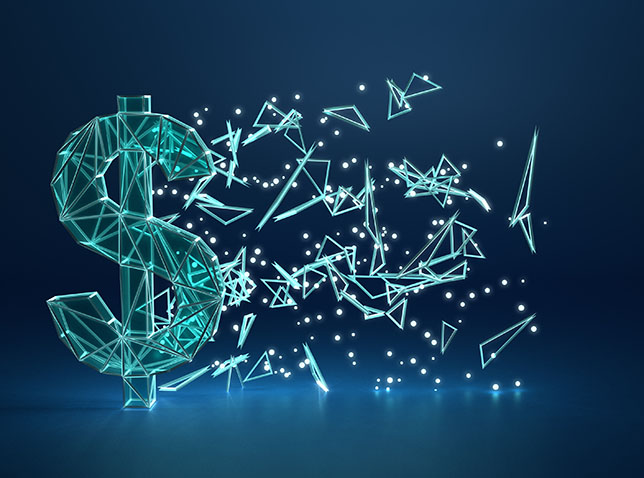 Low-poly wireframe model of a dollar sign is scattering in pieces. Abstract economy finance and business background. Easy to crop for all your social media needs. 3D scene with low polly wireframe style.